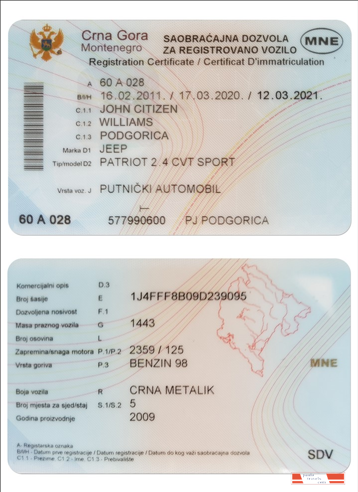 MONTENEGRO vehicle registration certificate